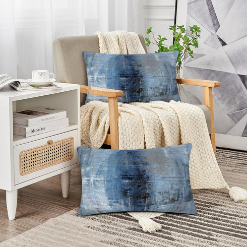 Blue and Grey Abstract Art Pillow Cover, Gallery Modern Decorative Throw Pillows Cushion Cover, Set of 2
