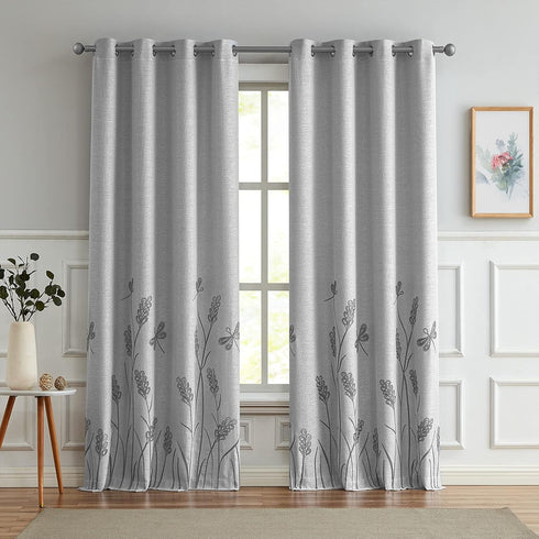 Melodieux Wheat Embroidery Linen Textured Curtains for Living Room, Rustic Flax Drape Grommet, Grey Wheat, 52 by 84 Inch