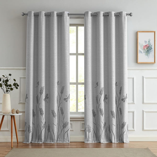 Melodieux Wheat Embroidery Linen Textured Curtains for Living Room, Rustic Flax Drape Grommet, Grey Wheat, 52 by 84 Inch