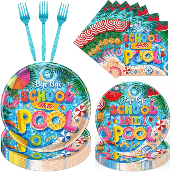 Bye Bye School Hello Pool Party Plates Napkins Forks, End of School