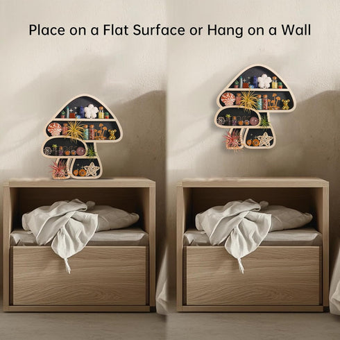 Cute Mushroom Decor, Wooden Floating Mushroom Shelf for Wall, Crystal Display Shelf Rock Gem Stone Display Shelf Wall
