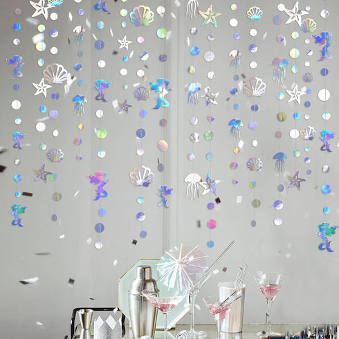 40 Ft Iridescent Mermaid Garland with Jellyfish, Seashell, Starfish, Pearl Holographic Paper Streamer for Under The Sea