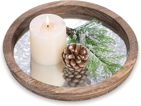 Hanobe Round Wood Decorative Tray: Rustic Wooden Tray for Coffee Table Farmhouse