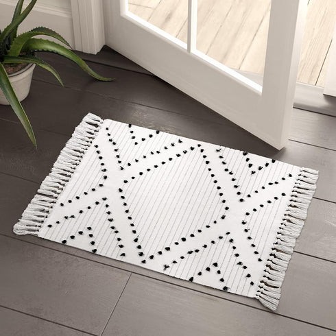 HAOCOO Boho Bathroom Rug 2'x 3' , Cotton Woven Washable Small Area Rugs with Tassels,Black and White Kitchen Rug Moroccan Tribal Throw Carpet Bath Mat Front Door for Living Room Kitchen Bedroom by HAOCOO