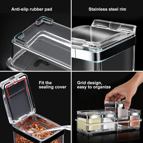 Set, 4 Acrylic Seasoning Box Piece Clear Premium Quality Storage Rack Spice Pots Condiment Jars for Salt Sugar Cruet