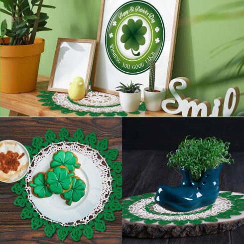 12 Inch One Piece St. Patricks Day Irish Blessings Lucky Green Shamrock Doily Crochet for Dressers and End Tables