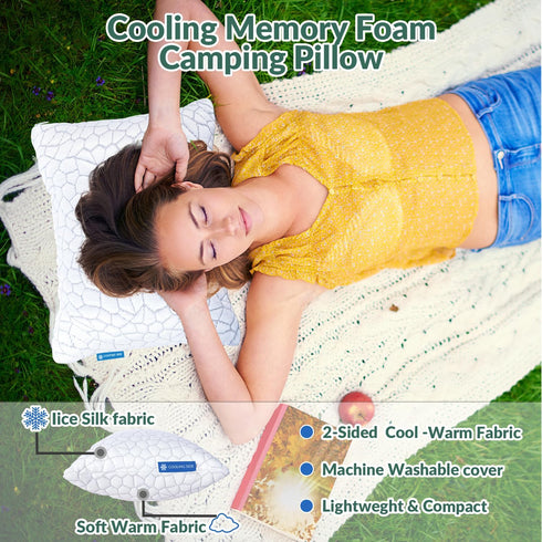 QUTOOL Small Travel Pillows for Sleeping, Cooling Memory Foam Camping Pillow, Portable with Travel Storage Bag