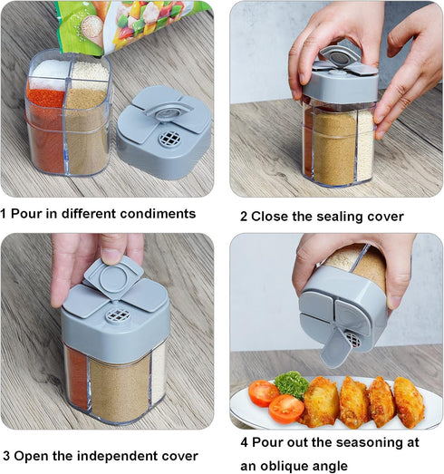 2 Pack 4 in 1 Transparent Spice Container, Salt and Pepper Shaker with Filter Lumps for Home, Restaurant, Camping