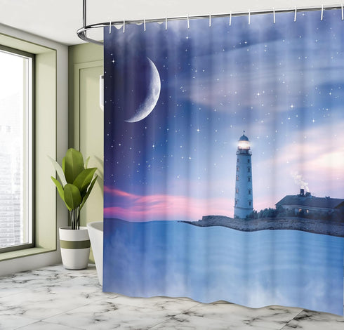 Ambesonne Lighthouse Shower Curtain, Oceanic Space Stars Moon Print, 69" W x 70" L, Pink Blue