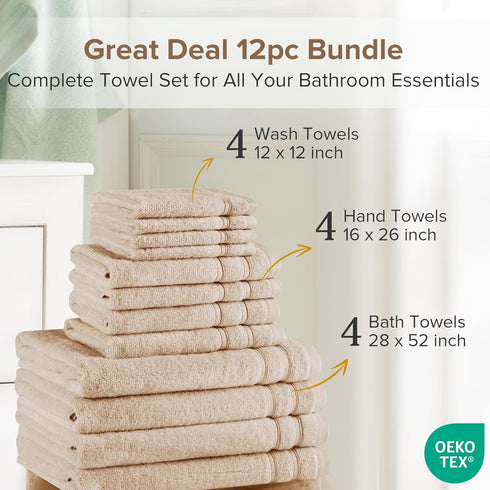12-Piece Set 4 4 4 100% Comfort Spaces Luxury Bath Towel - Large, Hand, Washcloth, Cotton, Quick Dry, Zero Twist, Soft