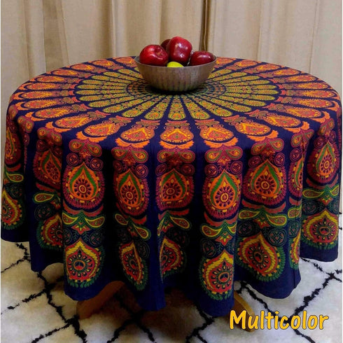 raajsee Round Beach Tapestry, 70 Inch Blue Orange Mandala Throw, Boho Hippie Blanket, Yoga Mat, Picnic Rug