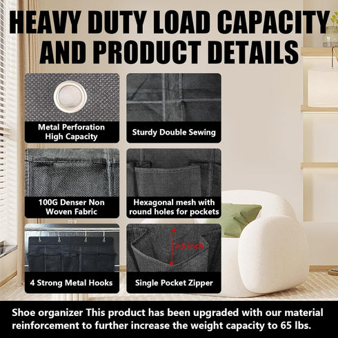 Tiny pets 35 Closet, 67.7in 26.4in Over the Door Shoe Organizer Pockets, Black Folding Hanging Shoe Rack for Door