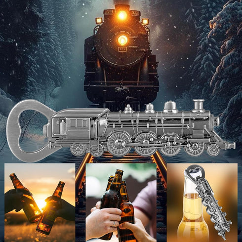 Steam Train Bottle Opener, Unique Beer Opener for Men, Dad, Boyfriend, Birthday Gifts, Silver Locomotive with Black