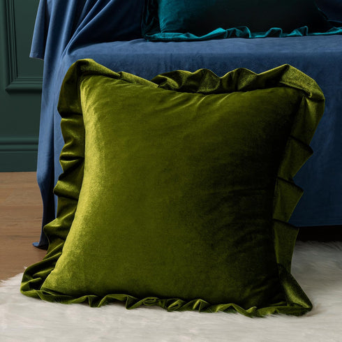 Pack 2 20x20 Inch MIULEE Velvet Ruffle Throw Pillow Covers Soft Luxurious Olive Green of Square Cushions Vintage Gothic