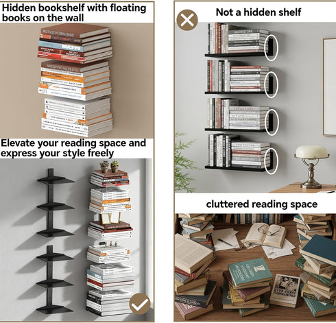 2 Pack 6 Invisible Floating Bookshelf for Wall Mounted, Black Spine Book Tower, Tier Vertical Book Organizers, Heavy
