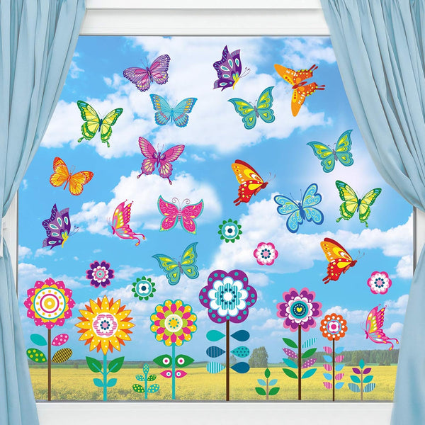Zonon 72 Pcs Spring Window Clings Stickers, Colorful Butterfly Flower Window Clings for Easter Decorations