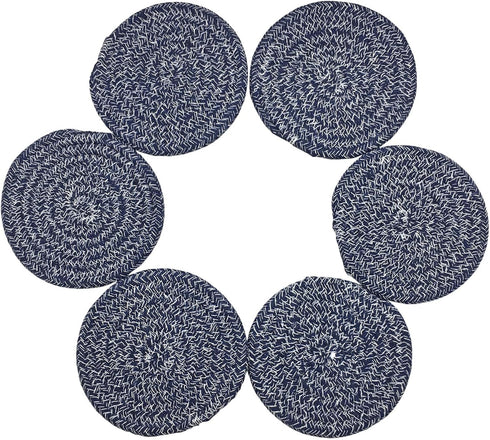 6 Pcs Woven Braided Coasters for Drinks, Absorbent Modern Dining Room Decor, Housewarming Cup Mat (Navy Blue)