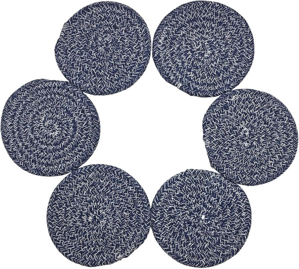 6 Pcs Woven Braided Coasters for Drinks, Absorbent Modern Dining Room Decor, Housewarming Cup Mat (Navy Blue)