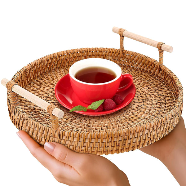 Rattan Tray 8.7-Inch Round Woven Serving Basket with Handles Holidays Romantic Decorative