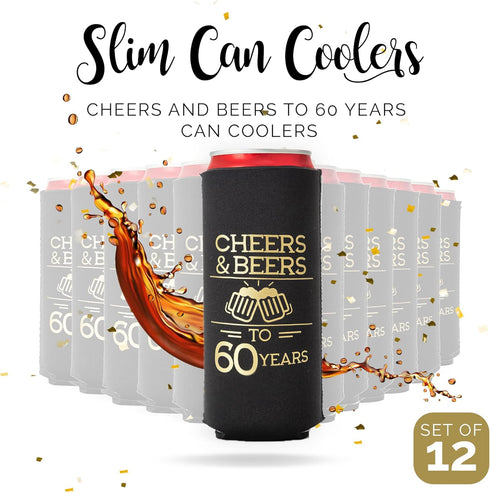 Cheers to 60 Years Can Coolers, Set of 12 - Black and Gold 60th Birthday Party Favors and Decorations for Men and Women