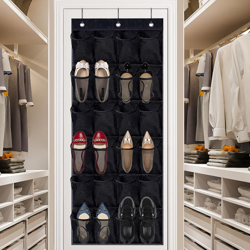 Over the Door Shoe Organizer - Black Mesh Organizer with 24 Pockets and Hooks for Space Saving Shoe Storage