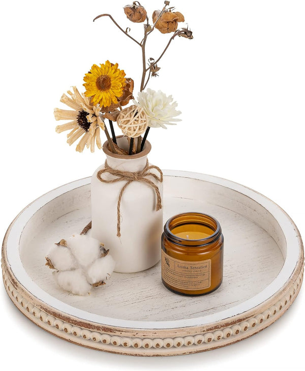 Hanobe Round Wooden Decorative Tray: White Washed Bead Tray Decor for Coffee
