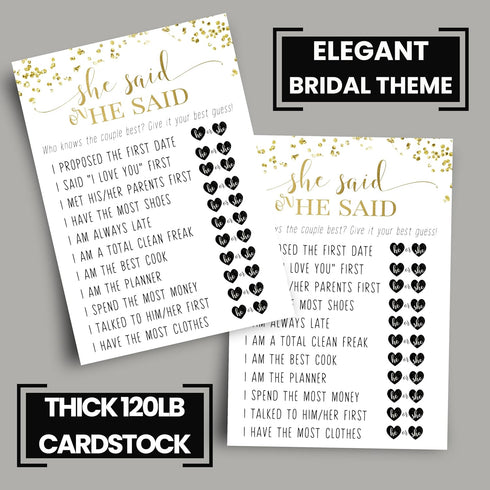 Black and Gold Bridal Shower Games - 25 Cards for He Said She Said, Guess Who Wedding Activity