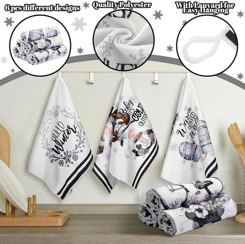 6 Preboun Pcs Hello Winter Kitchen Towels Snowman Gnome Dish Snowflake Tea Christmas Hand Drying Towels Baking Cooking