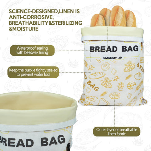 CMACAIV 3D 2-Pack Bags,17"13"Reusable Beeswax Bread Bread Bags for Homemade Bread Sourdough,Linen Outer Lining and Pure