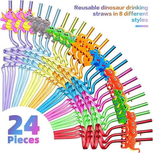 Patelai 24 Pieces Reusable Dinosaur Straws, Dino Silly Fun Twisty Crazy Straws for Kids Birthday Party Favors