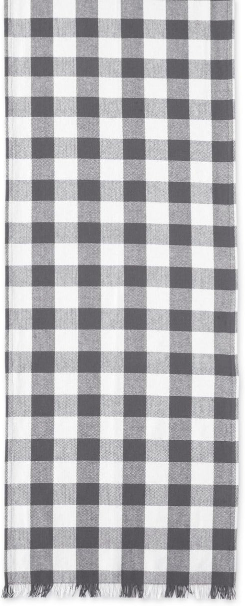 DII Heavyweight Fringed Check Table Runner, 14x108, Gray - Tabletop Collection