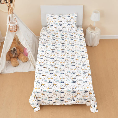 lasoftan Set 3 Set Kids Sheet Twin Size Pcs, Boys Sheet with Blue Excavator Car PatternKids Boys Twin Fitted