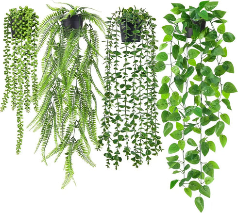EOECL 4 Pcs Artificial Hanging Plants with Pots - Realistic Fake Eucalyptus &