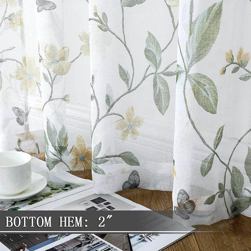 Tollpiz Short Sheer Floral Tier Curtains, Yellow Flower Butterfly Printed Kitchen Voile Curtains, Set of 2 Panels