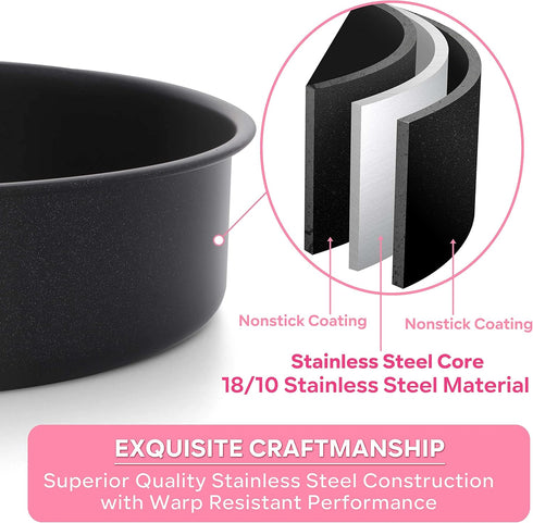 Herogo 8 Inch Round Cake Pan Set of 3, Black Nonstick Stainless Steel Baking Pan for Birthday Wedding Layer Cakes