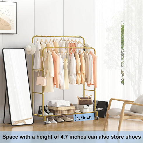 Wheels,3 4 Sooyee Double Rod Clothing Rack with Tier Garment Racks for Hanging Clothes,Portable Clothes Rack with Hooks