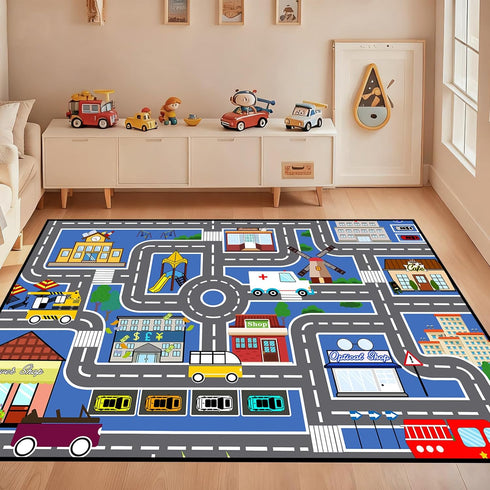 3'5' Car Track Rug Blue Road Rug for Kids, Car Traffic Road Play Mat for Kids Room Bedroom Decor
