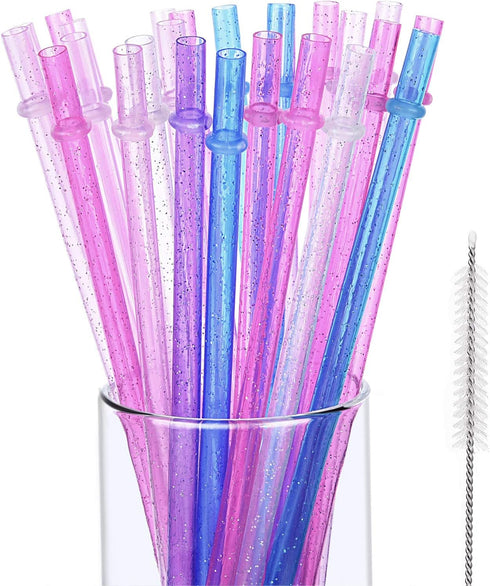 Hestya 25 Pcs Glitter Reusable Plastic Straws, 9 Inches Long Hard Plastic with Brush, 6 Colors for Tumblers
