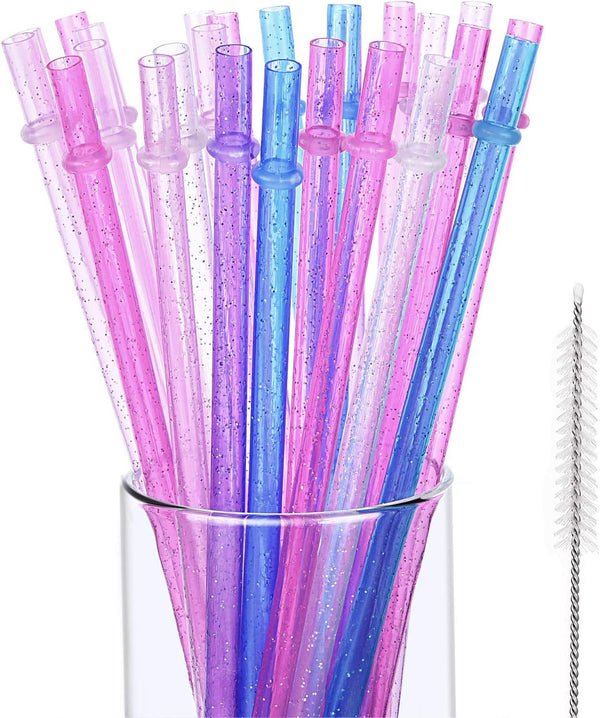 Hestya 25 Pcs Glitter Reusable Plastic Straws, 9 Inches Long Hard Plastic with Brush, 6 Colors for Tumblers