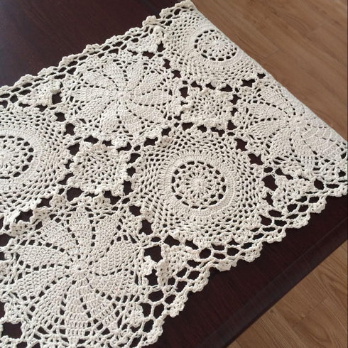 Abreeze Rustic Floral Table Runner, Hand Crochet Table Doily, Beige Cotton Lace Table Decoration 15.7"X59"