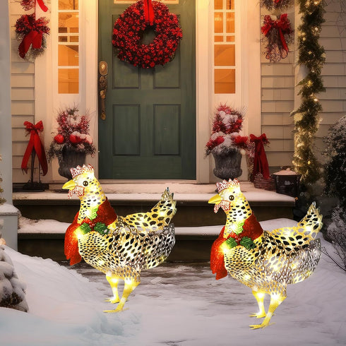 2 60 Shellwei Pcs Light up Chicken with Scarf Christmas Decoration Metal Chicken Ornaments with LED Lights Christmas