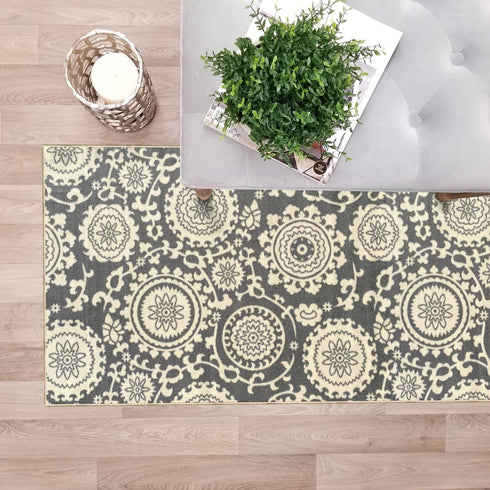 Custom Size Grey Floral Medallion Rubber Backed Non-Slip Hallway Stair Runner Rug Carpet 22 inch Wide Choose Your Length 22in X 1ft