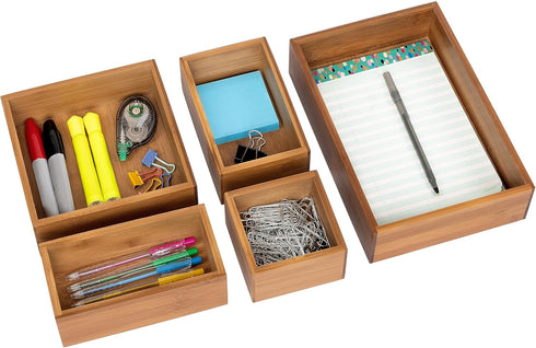 Seville Classics Bamboo Organizer Storage Bins, 5 Piece Set for Kitchen, Office, Makeup