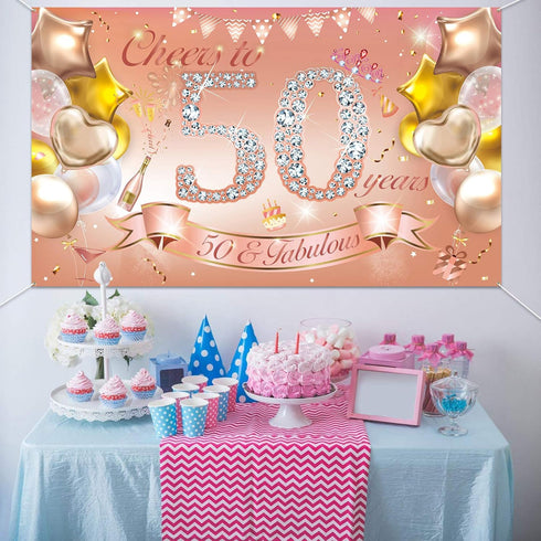 HOWAF Woman 50th Birthday Party Decoration Rose Gold Fabric Banner, Photo Backdrop, Wall Garden Table Supplies