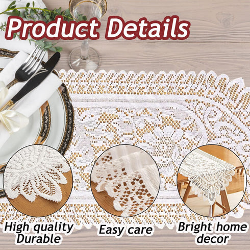 Tinsow 2 Pack Cotton Crochet Lace Rectangular Table Runner, Dresser Scarf Doilies (White Style, 13" X 44")