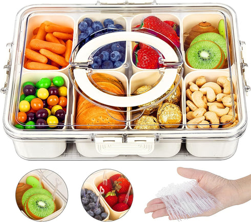 Divided Serving Tray with Lid and Handle, Snackle Box Charcuterie Container, Clear Organizer for Fruits, Nuts, Candy