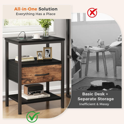 3-Tier DUMOS Bedside Table with Charging Station and Adjustable Fabric Drawer Compact Nightstand Storage Organizer End