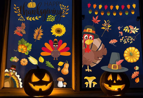 Thanksgiving Window Clings Stickers - Fall Decorations Holiday Turkey Cling for Home Party, 113 PCS