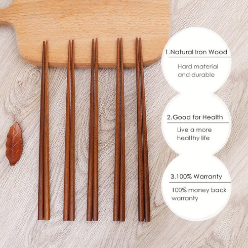 Wooden Chopsticks, 10 Pairs Reusable Dishwasher Safe, Handmade Iron Wood, Natural Healthy for Cooking, Eating,