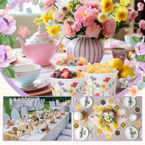 Hsei 60 16oz Pcs Floral Disposable Soup Bowls Ice Cream Cups Flowers Snack Paper Bowls Wildflower Dessert Sundae Yogurt